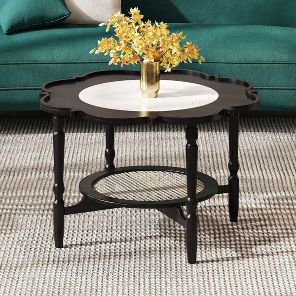 English Elm Mid-Century Petal Shaped Coffee Table with Crackle Glass Top and Woven Rattan Shelf Black N735P488090B
