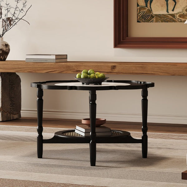 English Elm Mid-Century Petal Shaped Coffee Table with Crackle Glass Top and Woven Rattan Shelf Black N735P488090B