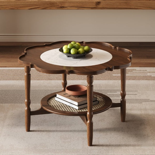 English Elm Mid-Century Petal Shaped Coffee Table with Crackle Glass Top and Woven Rattan Shelf Walnut N735P488090D