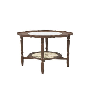 English Elm Mid-Century Petal Shaped Coffee Table with Crackle Glass Top and Woven Rattan Shelf Walnut N735P488090D