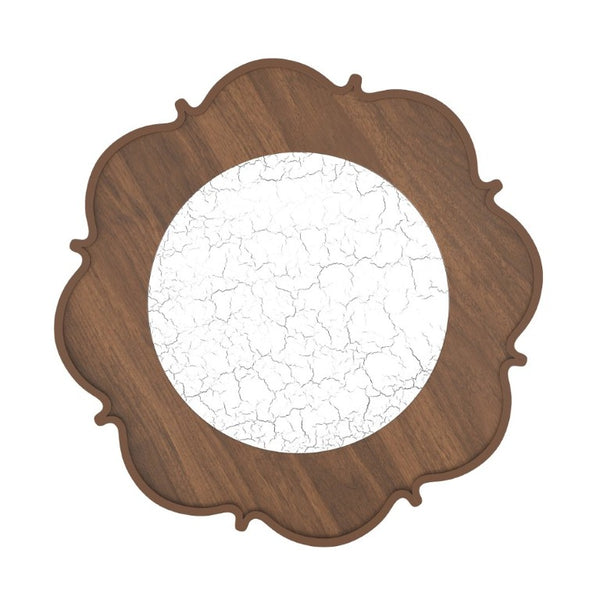 English Elm Mid-Century Petal Shaped Coffee Table with Crackle Glass Top and Woven Rattan Shelf Walnut N735P488090D