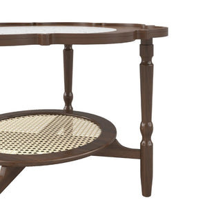 English Elm Mid-Century Petal Shaped Coffee Table with Crackle Glass Top and Woven Rattan Shelf Walnut N735P488090D