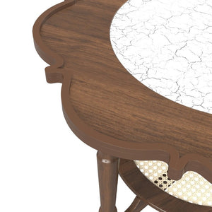 English Elm Mid-Century Petal Shaped Coffee Table with Crackle Glass Top and Woven Rattan Shelf Walnut N735P488090D