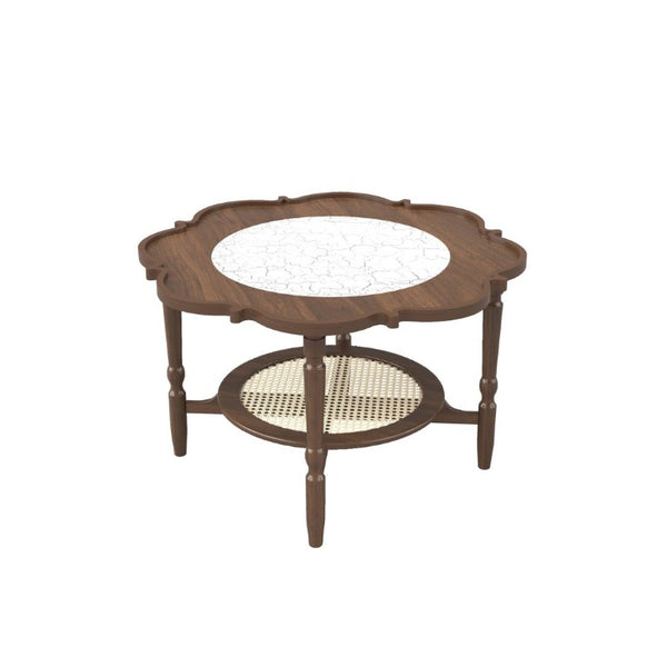 English Elm Mid-Century Petal Shaped Coffee Table with Crackle Glass Top and Woven Rattan Shelf Walnut N735P488090D