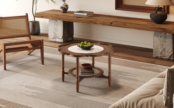 English Elm Mid-Century Petal Shaped Coffee Table with Crackle Glass Top and Woven Rattan Shelf Walnut N735P488090D