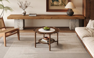 English Elm Mid-Century Petal Shaped Coffee Table with Crackle Glass Top and Woven Rattan Shelf Walnut N735P488090D