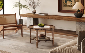English Elm Mid-Century Petal Shaped Coffee Table with Crackle Glass Top and Woven Rattan Shelf Walnut N735P488090D