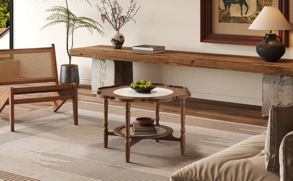 English Elm Mid-Century Petal Shaped Coffee Table with Crackle Glass Top and Woven Rattan Shelf Walnut N735P488090D