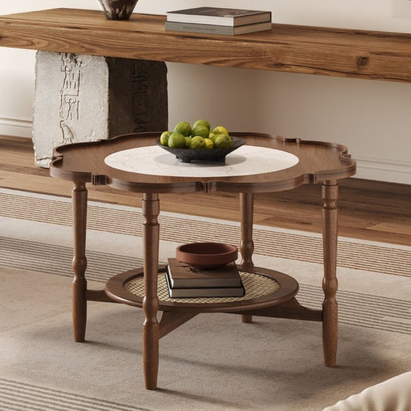 English Elm Mid-Century Petal Shaped Coffee Table with Crackle Glass Top and Woven Rattan Shelf Walnut N735P488090D