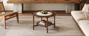 English Elm Mid-Century Petal Shaped Coffee Table with Crackle Glass Top and Woven Rattan Shelf Walnut N735P488090D