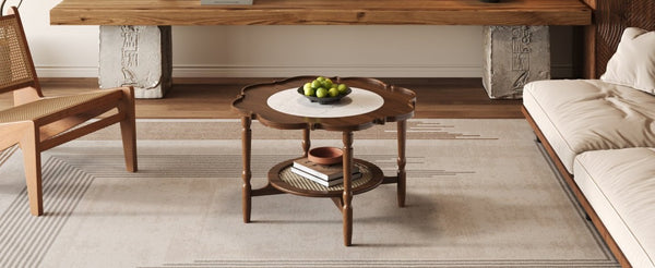 English Elm Mid-Century Petal Shaped Coffee Table with Crackle Glass Top and Woven Rattan Shelf Walnut N735P488090D