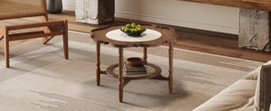 English Elm Mid-Century Petal Shaped Coffee Table with Crackle Glass Top and Woven Rattan Shelf Walnut N735P488090D