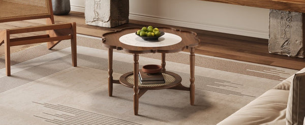 English Elm Mid-Century Petal Shaped Coffee Table with Crackle Glass Top and Woven Rattan Shelf Walnut N735P488090D
