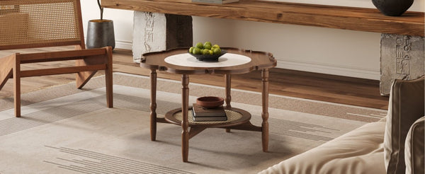 English Elm Mid-Century Petal Shaped Coffee Table with Crackle Glass Top and Woven Rattan Shelf Walnut N735P488090D