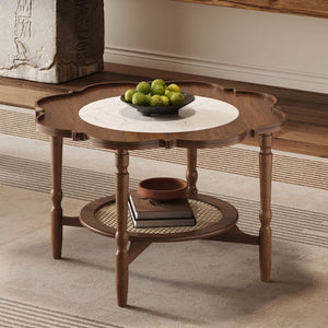 English Elm Mid-Century Petal Shaped Coffee Table with Crackle Glass Top and Woven Rattan Shelf Walnut N735P488090D