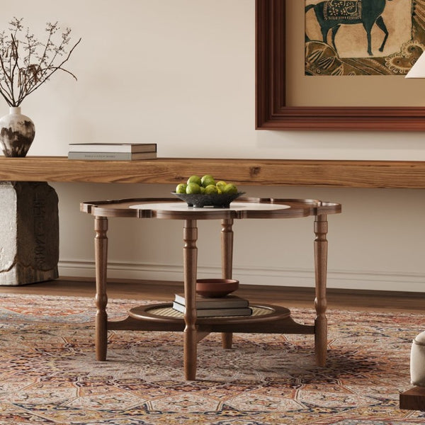 English Elm Mid-Century Petal Shaped Coffee Table with Crackle Glass Top and Woven Rattan Shelf Walnut N735P488090D