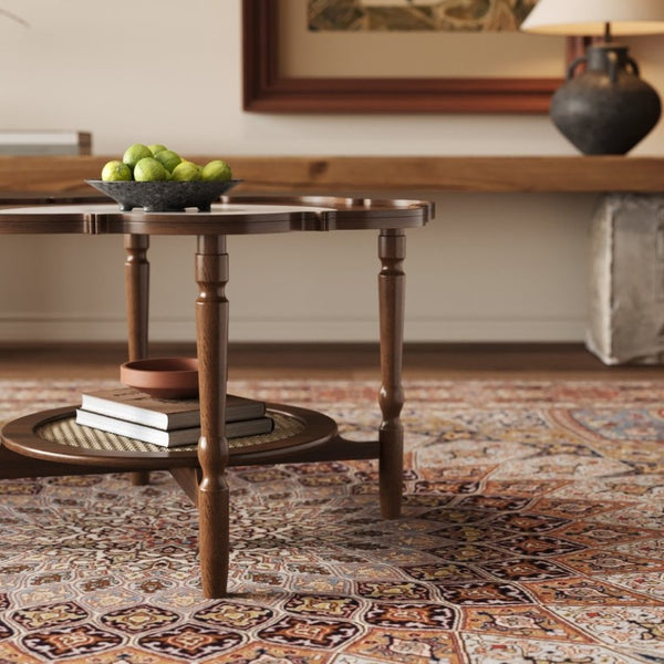 English Elm Mid-Century Petal Shaped Coffee Table with Crackle Glass Top and Woven Rattan Shelf Walnut N735P488090D