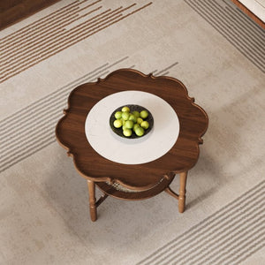 English Elm Mid-Century Petal Shaped Coffee Table with Crackle Glass Top and Woven Rattan Shelf Walnut N735P488090D