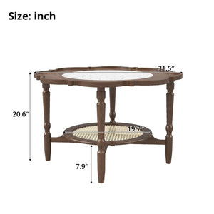 English Elm Mid-Century Petal Shaped Coffee Table with Crackle Glass Top and Woven Rattan Shelf Walnut N735P488090D