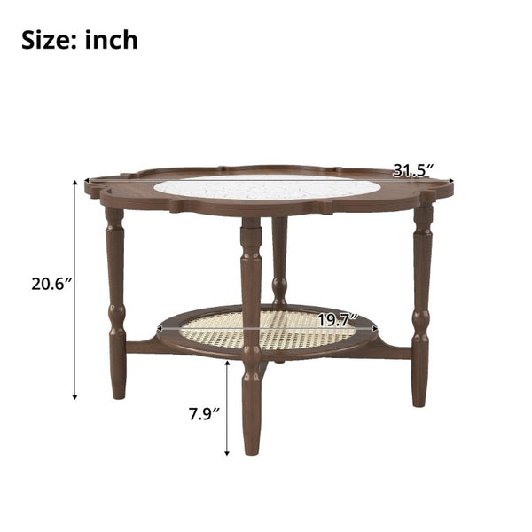 English Elm Mid-Century Petal Shaped Coffee Table with Crackle Glass Top and Woven Rattan Shelf Walnut N735P488090D