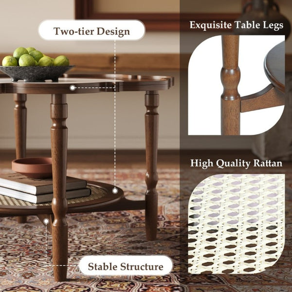 English Elm Mid-Century Petal Shaped Coffee Table with Crackle Glass Top and Woven Rattan Shelf Walnut N735P488090D