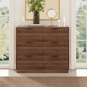 English Elm Modern Six Drawer Dresser with Carved Geometric Fronts for Bedroom or Entryway Walnut N735P492871D