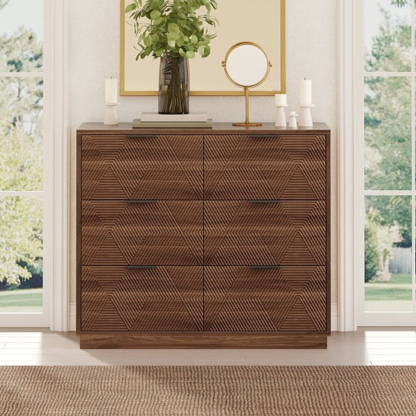 English Elm Modern Six Drawer Dresser with Carved Geometric Fronts for Bedroom or Entryway Walnut N735P492871D