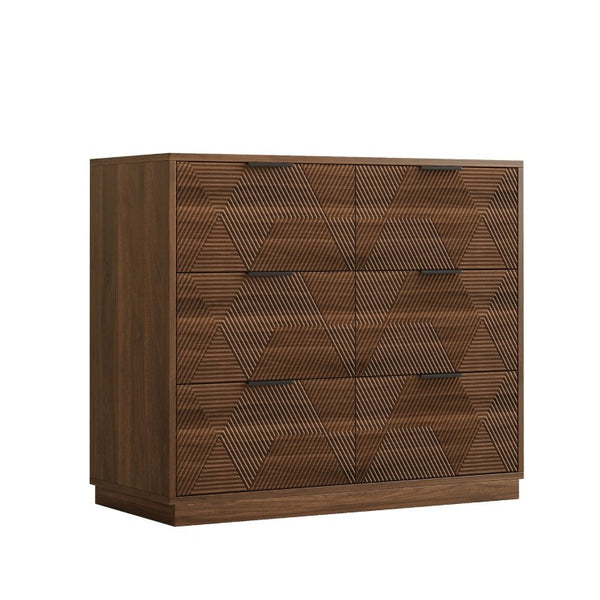 English Elm Modern Six Drawer Dresser with Carved Geometric Fronts for Bedroom or Entryway Walnut N735P492871D