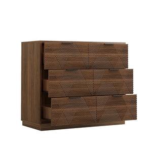 English Elm Modern Six Drawer Dresser with Carved Geometric Fronts for Bedroom or Entryway Walnut N735P492871D