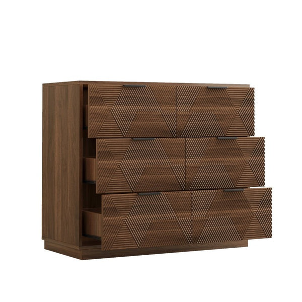 English Elm Modern Six Drawer Dresser with Carved Geometric Fronts for Bedroom or Entryway Walnut N735P492871D