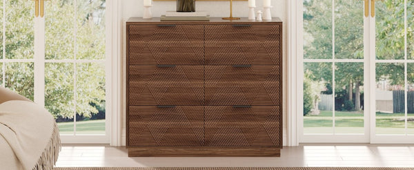 English Elm Modern Six Drawer Dresser with Carved Geometric Fronts for Bedroom or Entryway Walnut N735P492871D
