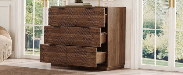English Elm Modern Six Drawer Dresser with Carved Geometric Fronts for Bedroom or Entryway Walnut N735P492871D