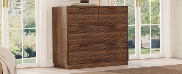 English Elm Modern Six Drawer Dresser with Carved Geometric Fronts for Bedroom or Entryway Walnut N735P492871D