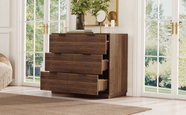 English Elm Modern Six Drawer Dresser with Carved Geometric Fronts for Bedroom or Entryway Walnut N735P492871D