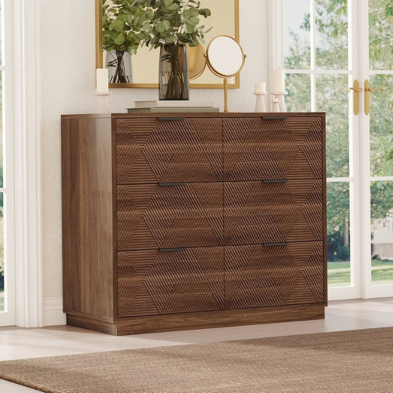 English Elm Modern Six Drawer Dresser with Carved Geometric Fronts for Bedroom or Entryway Walnut N735P492871D