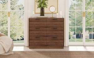 English Elm Modern Six Drawer Dresser with Carved Geometric Fronts for Bedroom or Entryway Walnut N735P492871D