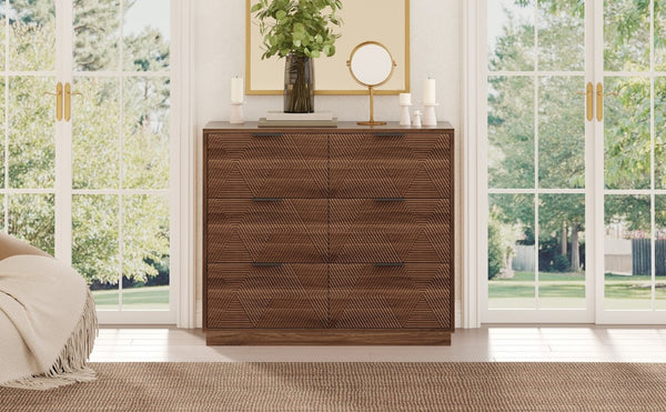 English Elm Modern Six Drawer Dresser with Carved Geometric Fronts for Bedroom or Entryway Walnut N735P492871D