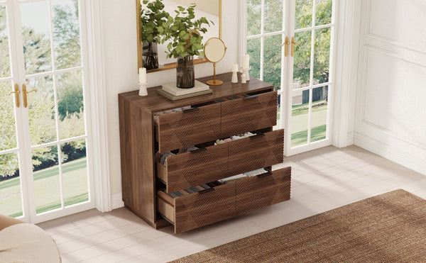 English Elm Modern Six Drawer Dresser with Carved Geometric Fronts for Bedroom or Entryway Walnut N735P492871D