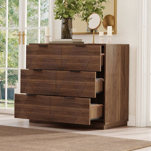 English Elm Modern Six Drawer Dresser with Carved Geometric Fronts for Bedroom or Entryway Walnut N735P492871D