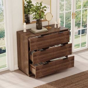 English Elm Modern Six Drawer Dresser with Carved Geometric Fronts for Bedroom or Entryway Walnut N735P492871D