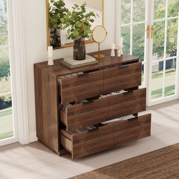 English Elm Modern Six Drawer Dresser with Carved Geometric Fronts for Bedroom or Entryway Walnut N735P492871D