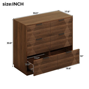 English Elm Modern Six Drawer Dresser with Carved Geometric Fronts for Bedroom or Entryway Walnut N735P492871D