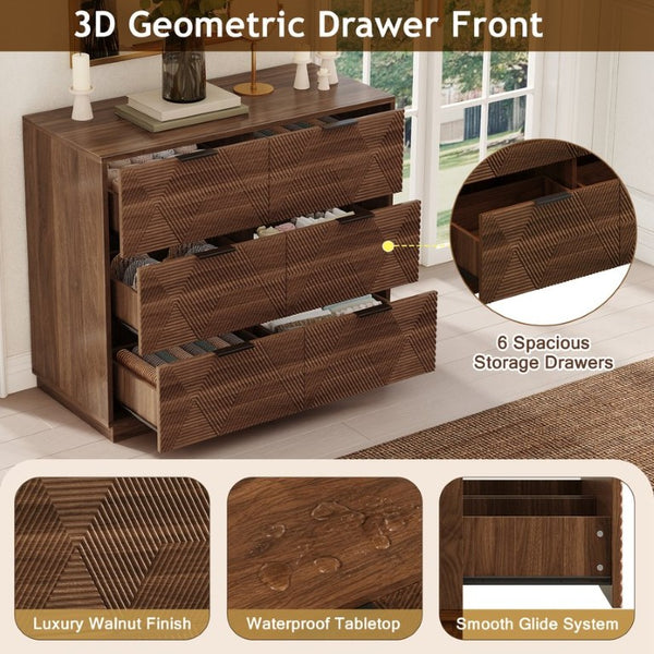 English Elm Modern Six Drawer Dresser with Carved Geometric Fronts for Bedroom or Entryway Walnut N735P492871D