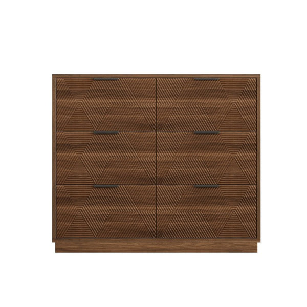 English Elm Modern Six Drawer Dresser with Carved Geometric Fronts for Bedroom or Entryway Walnut N735P492871D