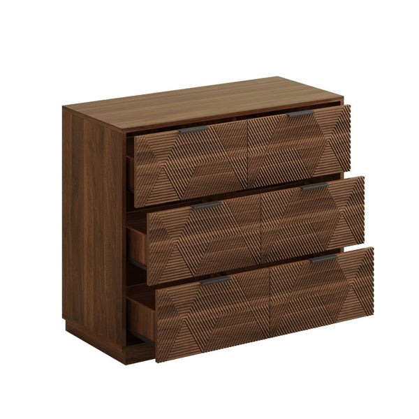 English Elm Modern Six Drawer Dresser with Carved Geometric Fronts for Bedroom or Entryway Walnut N735P492871D