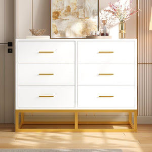 English Elm Modern Six Drawer Dresser with Carved Geometric Fronts for Bedroom or Entryway Gold+White N735P493009K
