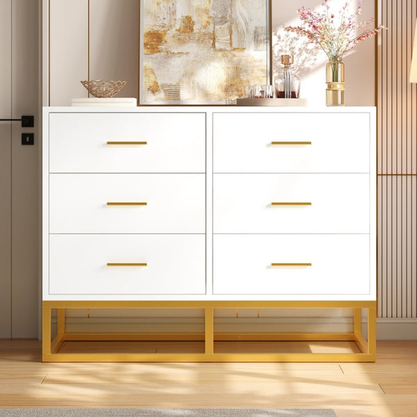 English Elm Modern Six Drawer Dresser with Carved Geometric Fronts for Bedroom or Entryway Gold+White N735P493009K