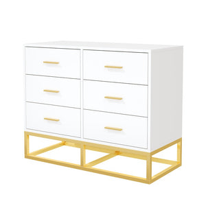 English Elm Modern Six Drawer Dresser with Carved Geometric Fronts for Bedroom or Entryway Gold+White N735P493009K