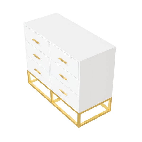 English Elm Modern Six Drawer Dresser with Carved Geometric Fronts for Bedroom or Entryway Gold+White N735P493009K