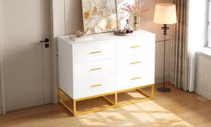 English Elm Modern Six Drawer Dresser with Carved Geometric Fronts for Bedroom or Entryway Gold+White N735P493009K